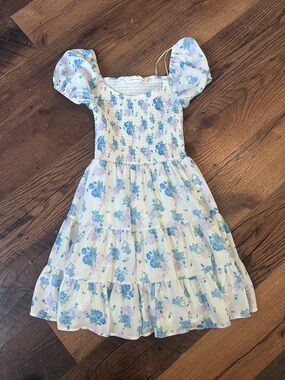 Altar'd State White Floral Smocked Tiered Dress with Blue and Lavender Flowers